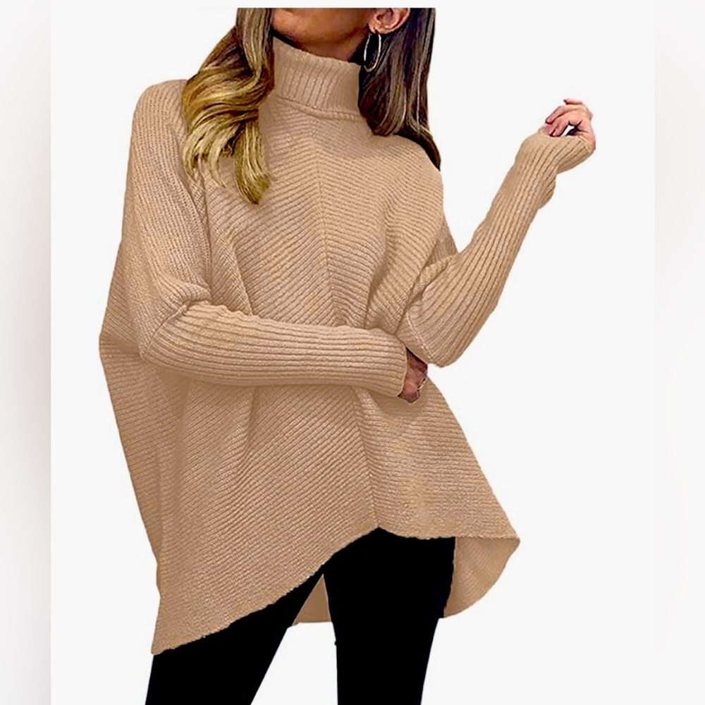 ANRABESS Chunky Turtleneck Batwing Sleeve Sweater in Khaki, Sz SM
